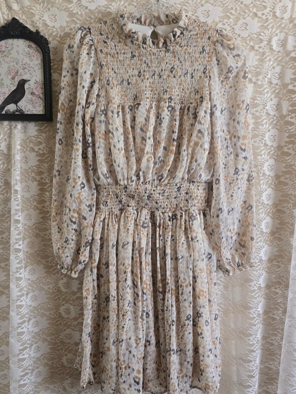 C&A long-sleeve chiffon mini dress - smocked bodice - fairy - cottagecore - boho